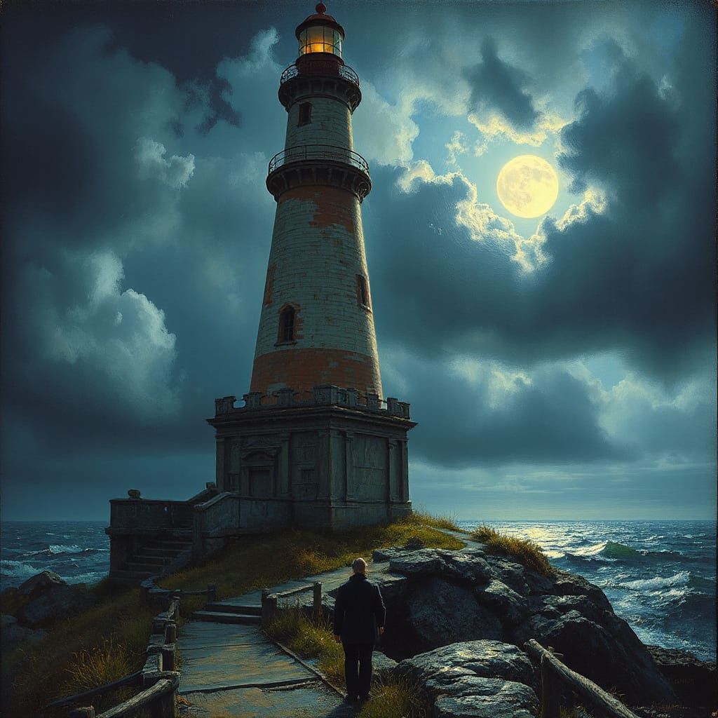 Rabbit Lighthouse on Stormy Night: Classical Painting