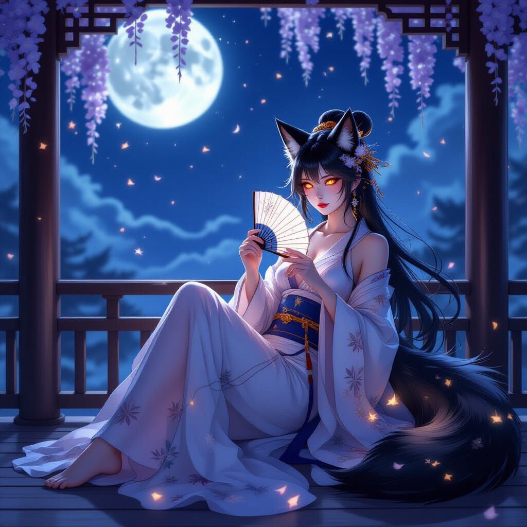 Mystical Kitsune Enchantress on Moonlit Veranda in Flux Styl...