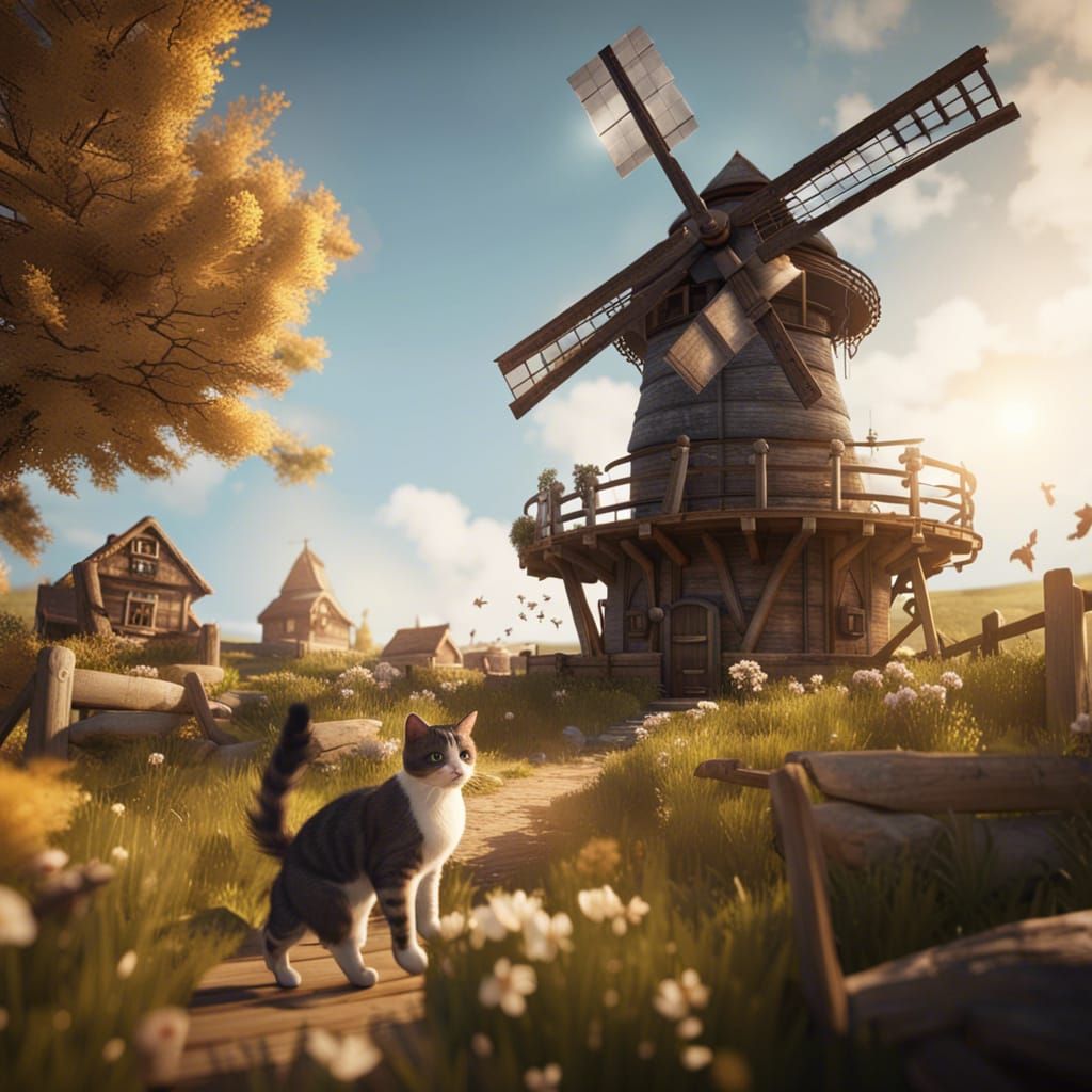 Cats Playing on Windmill in 3D Game Style