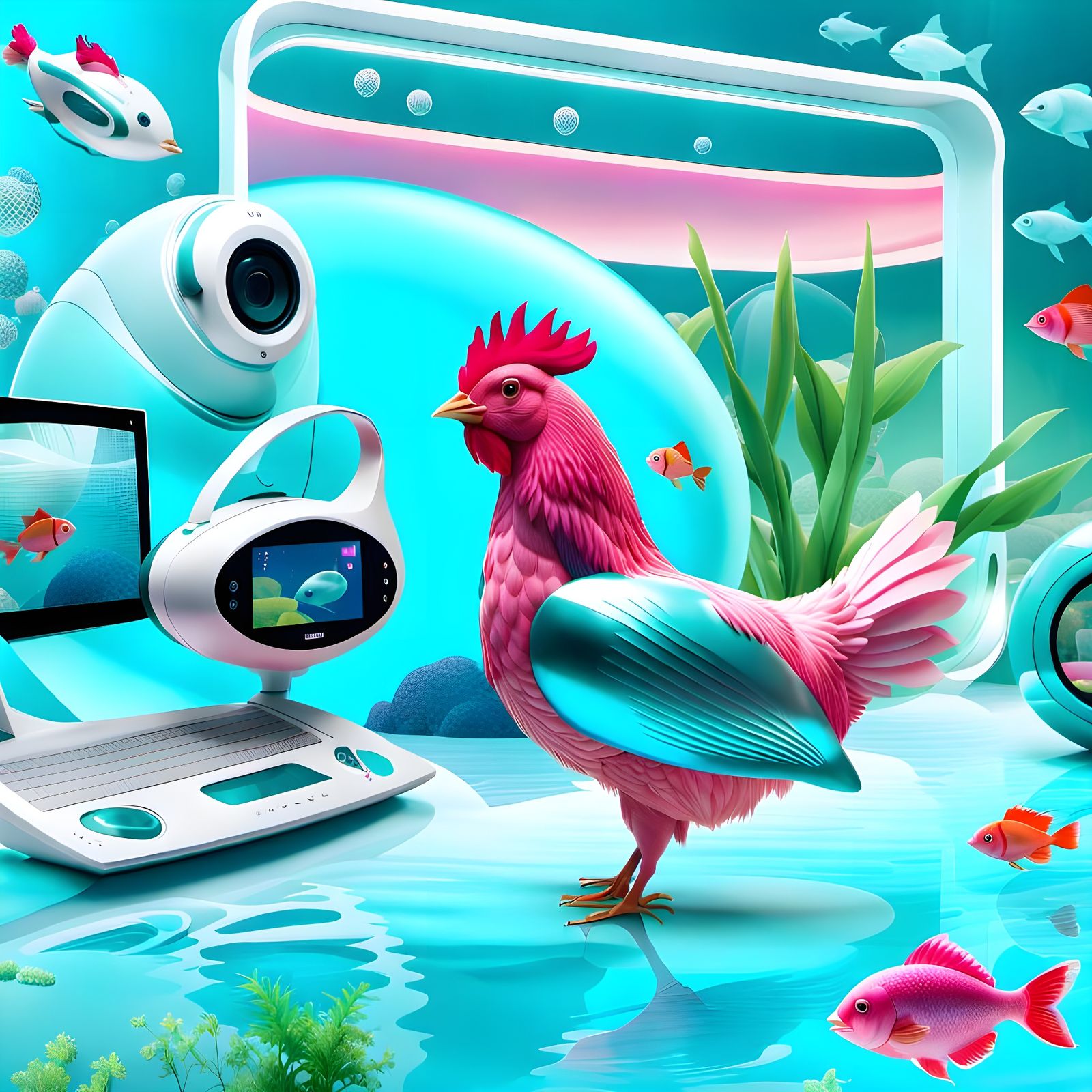 Pink Hen in Frutiger Aero Y2K Dreamscape