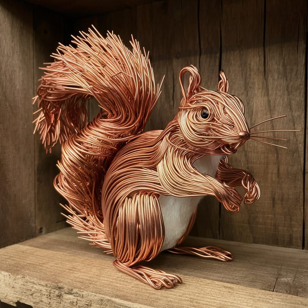 Copper Wire Squirrel Sculpture on Wooden Shelf