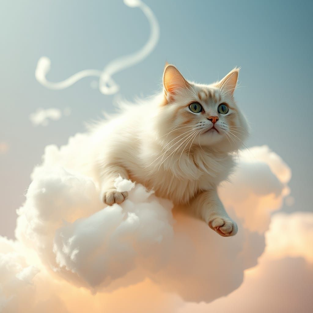 Ethereal Cat Ascends into Celestial Cloudscape