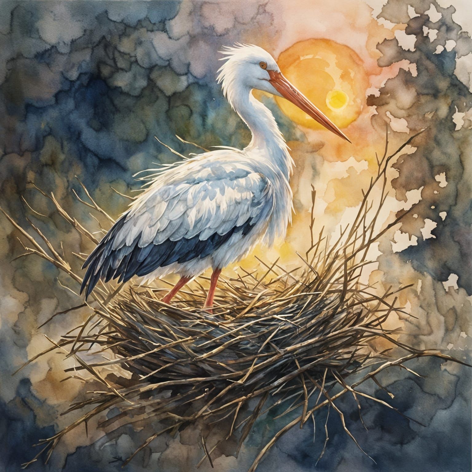 Stork in Nest Watercolor Painting at Sunset