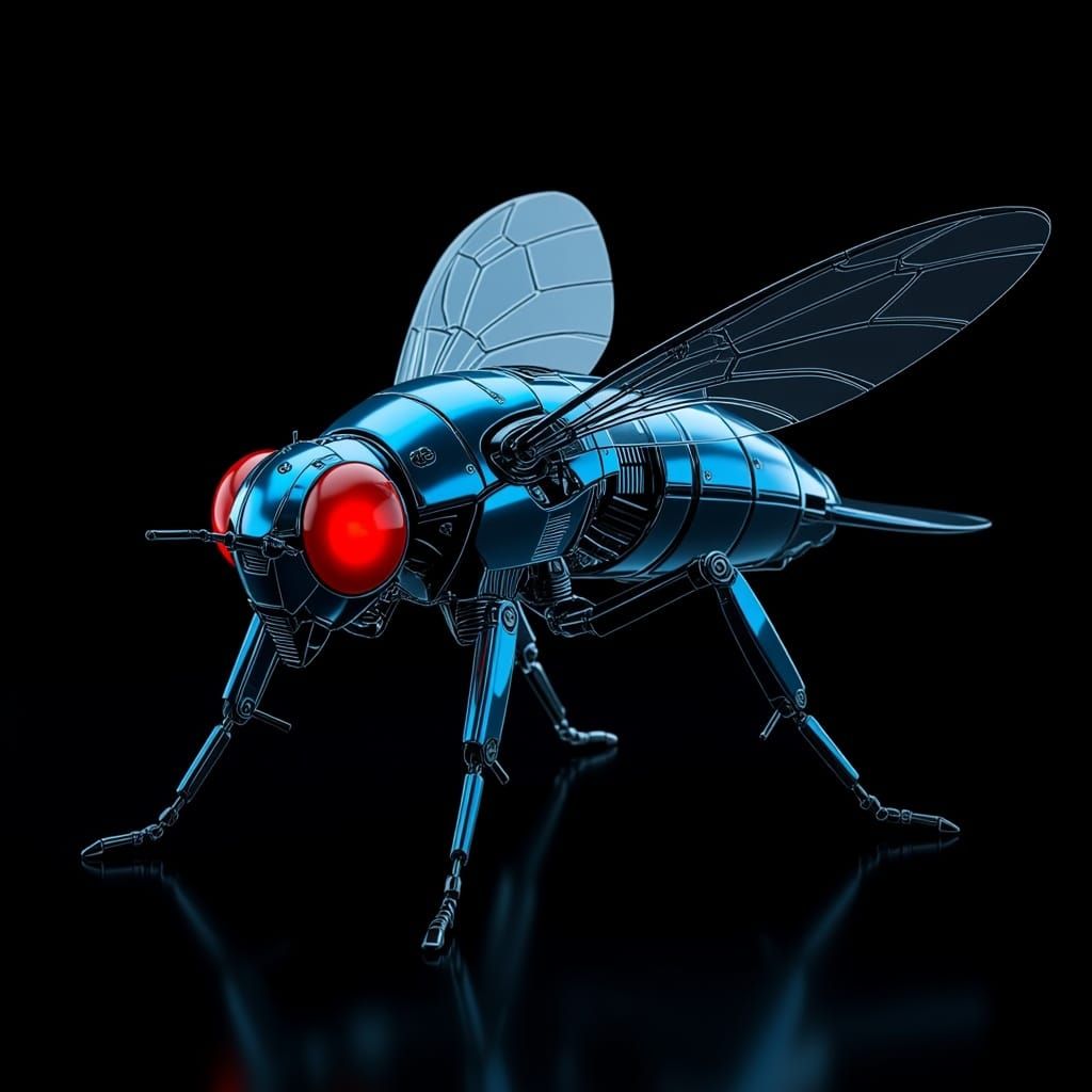 Metallic Blue Robotic Fly in Futuristic Style