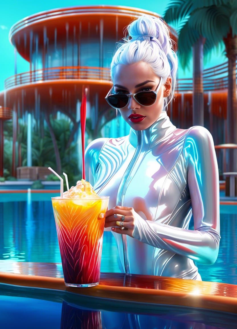 Woman in Latex Suit at Resort Poolside