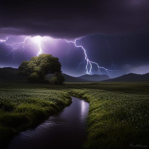 A field at night with a booming thunderstorm and rain