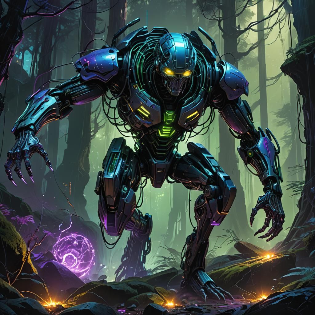 Cyberpunk Cyborg Lifting Rock in Neon Forest