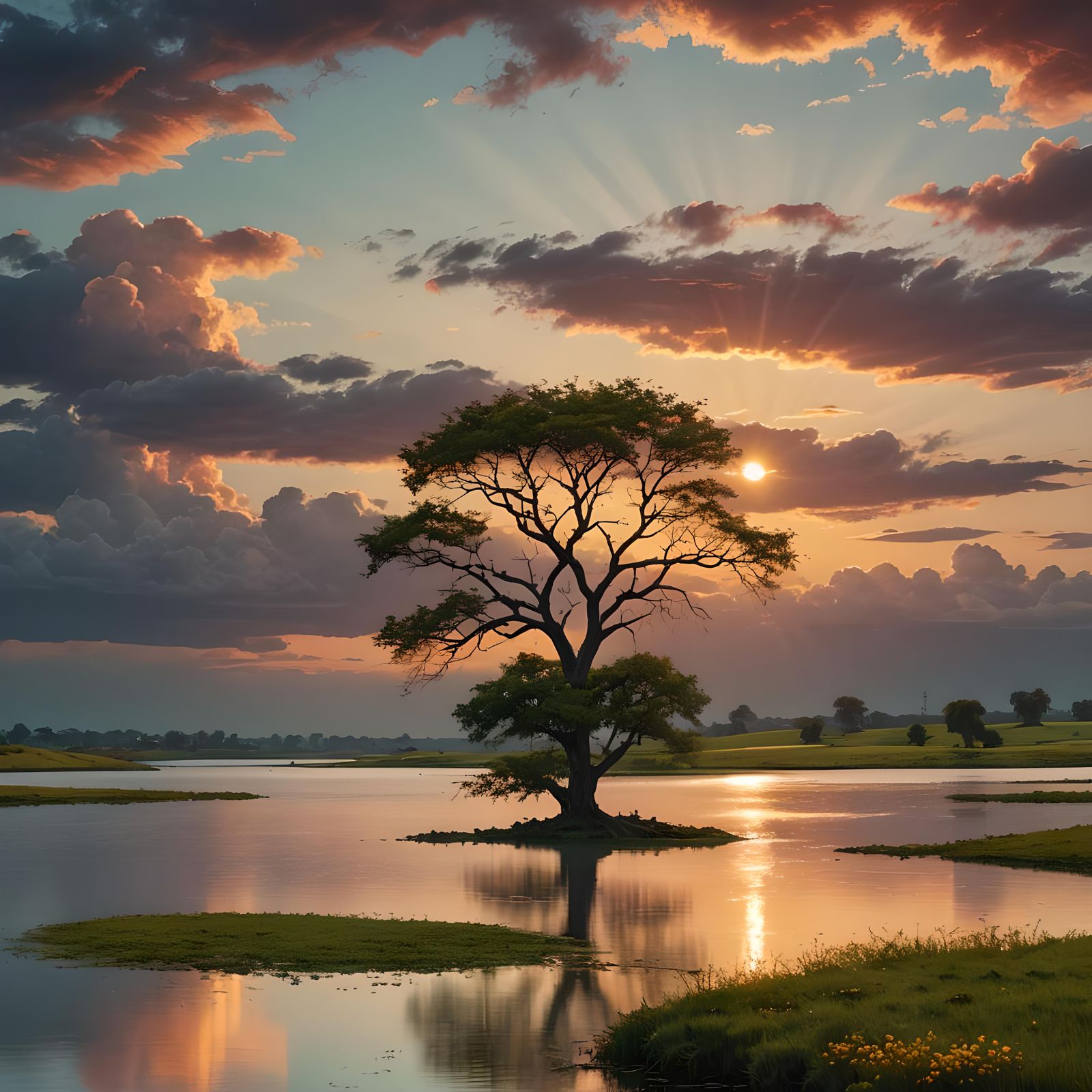 Lonely Lagoon Tree at Sunset: Fantasy Concept Art