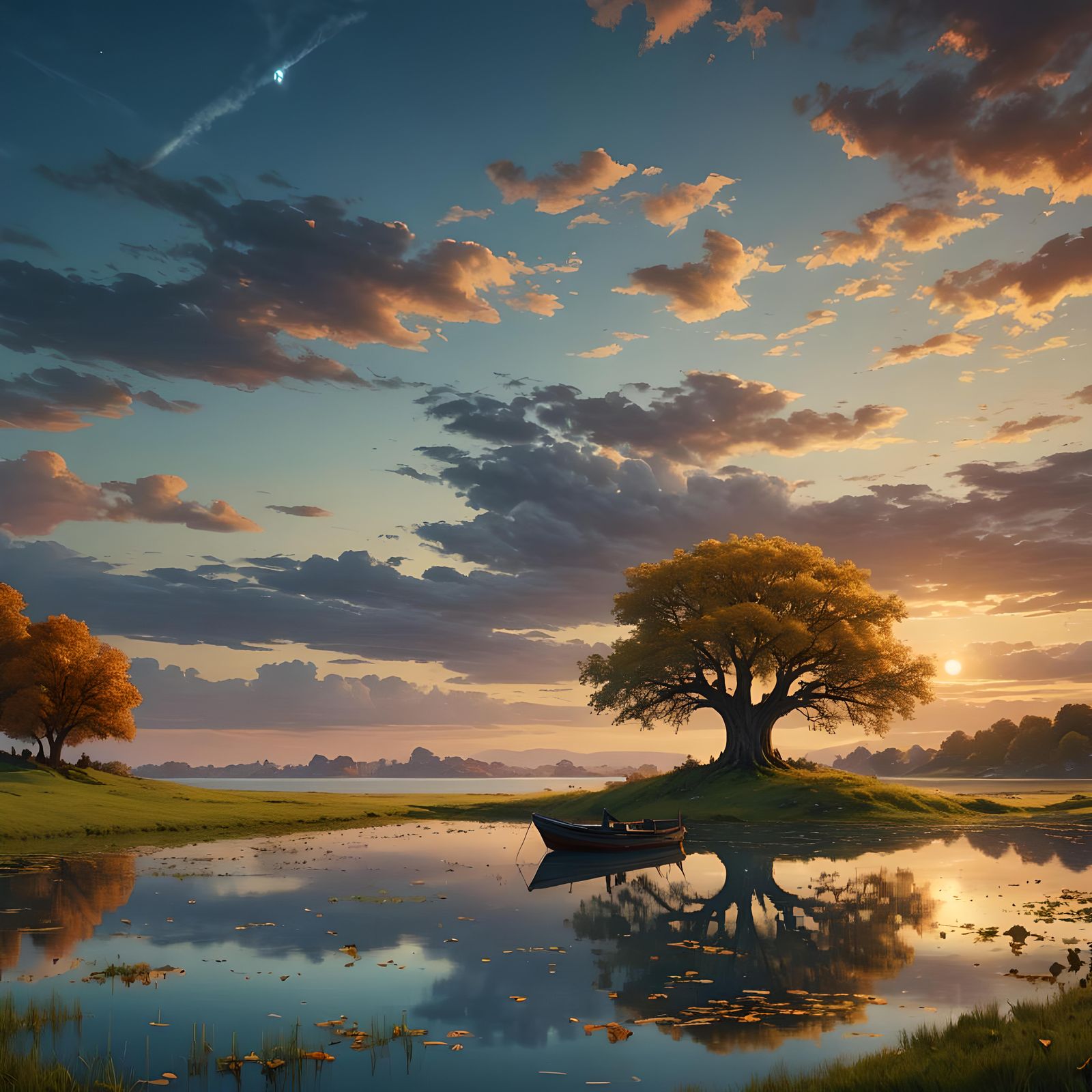 Lonely Lagoon Tree at Sunset in Detailed Matte Painting