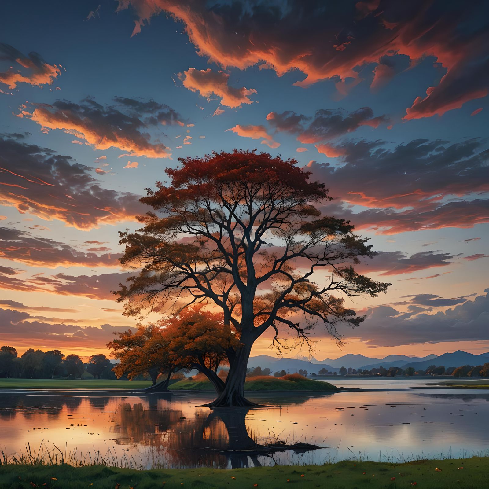 Lonely Tree in Lagoon at Sunset, Matte Painting