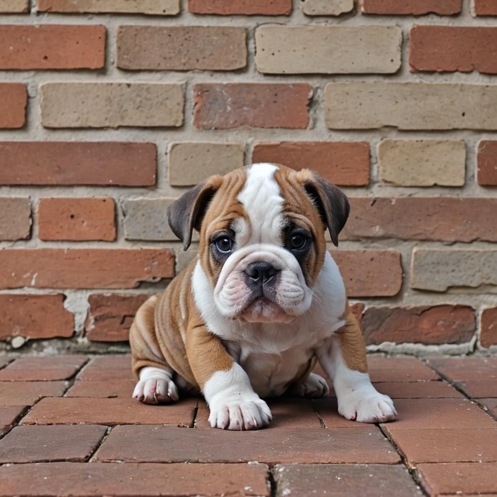 Bulldog Puppy with Wrinkled Face on Brick Floor