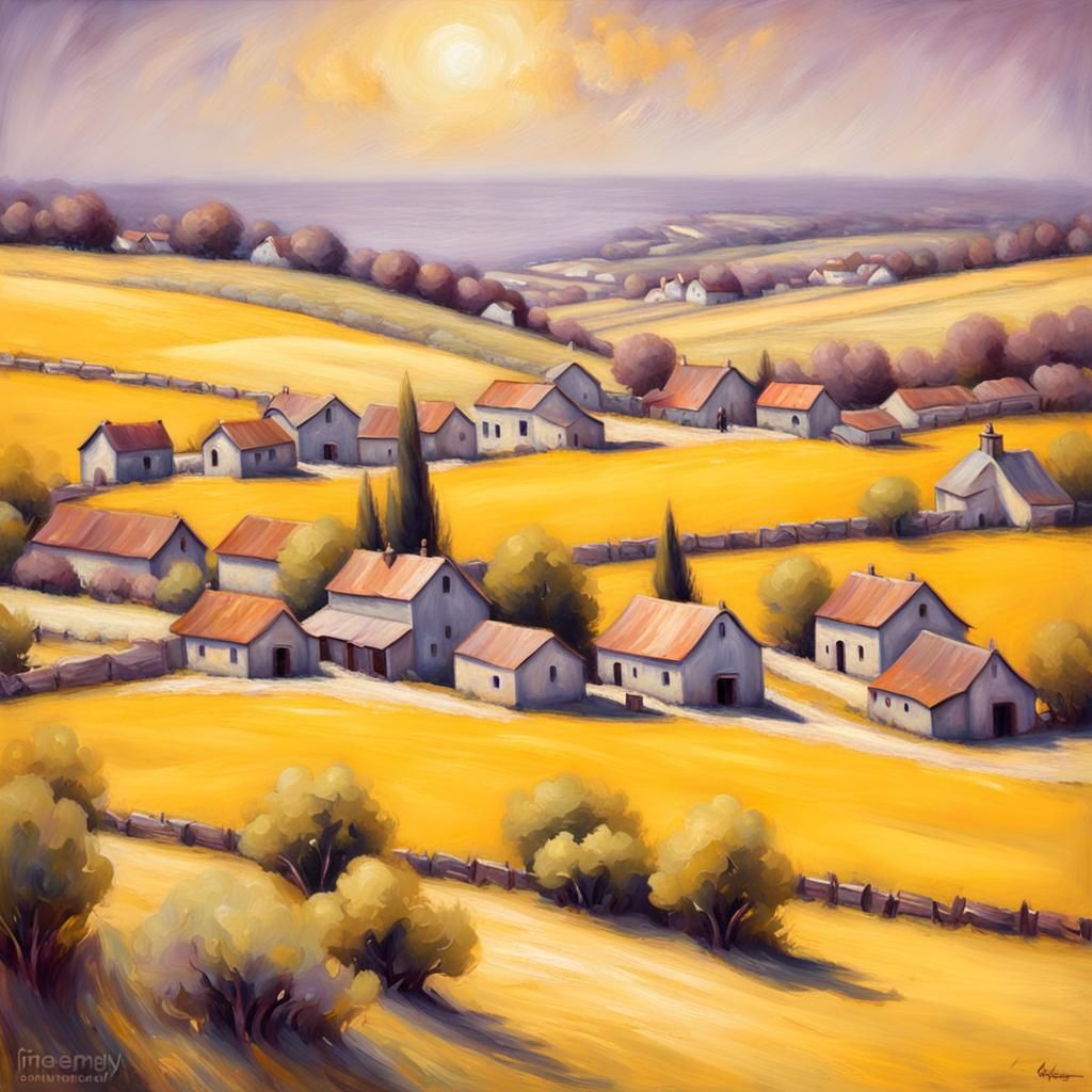 Pastel Farm Town in Renoir Impressionist Style