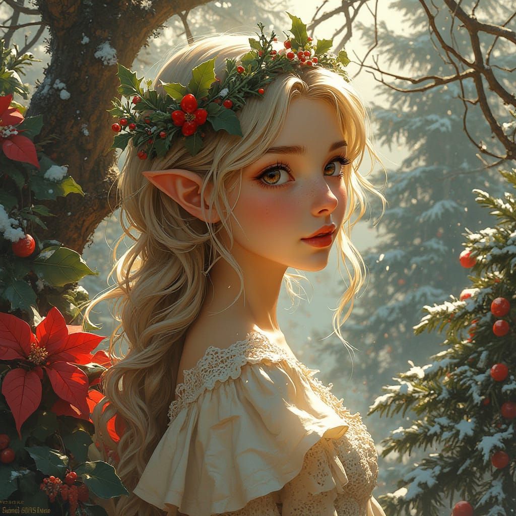 Christmas Elf in Whimsical Forest Scene with Vintage Manuscr...