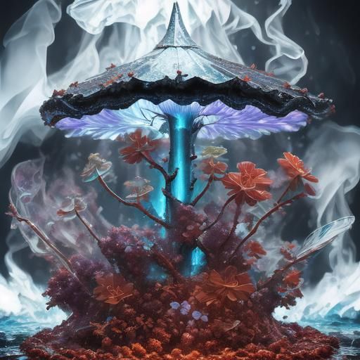 Ethereal Glass Mushroom in Misty Forest: Matte Painting