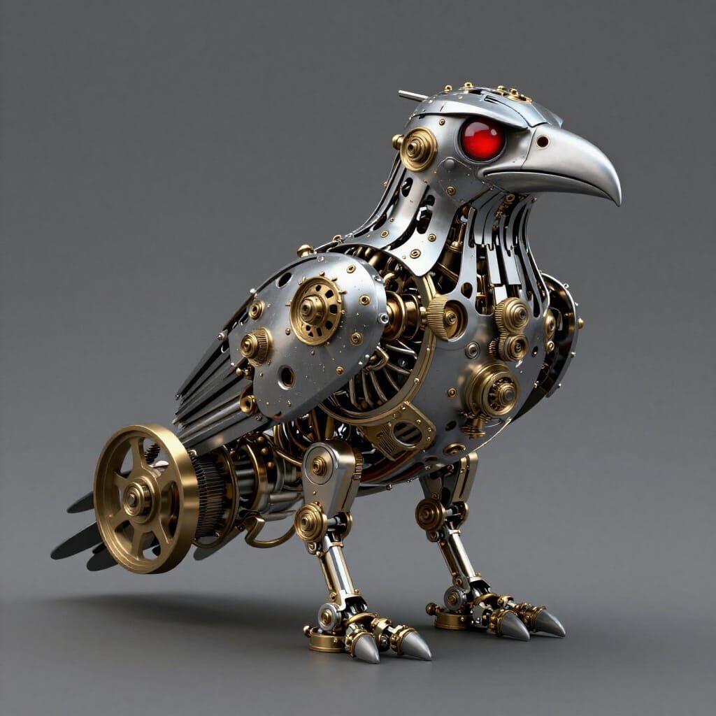 Mechanical Raven with Glowing Red Eyes in Steampunk Style
