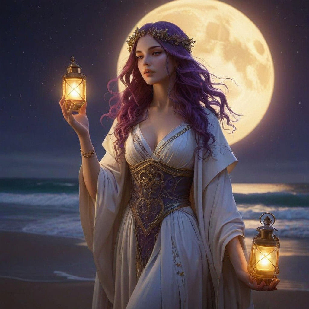 Celtic Sorceress Holds the Moon in Prayer, Beside a Lantern ...