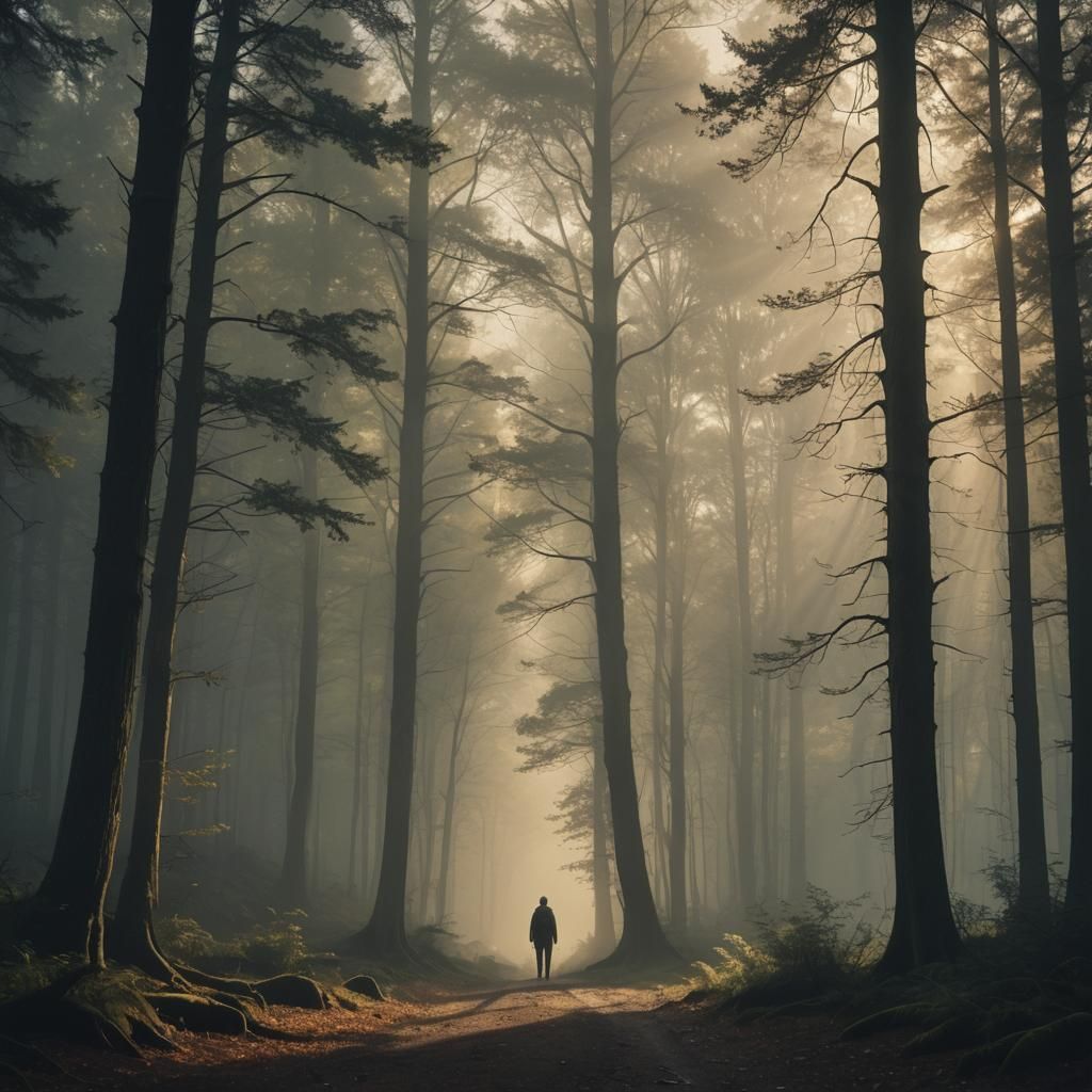 Mysterious Figure in Misty Forest, Hyperrealistic Photograph...