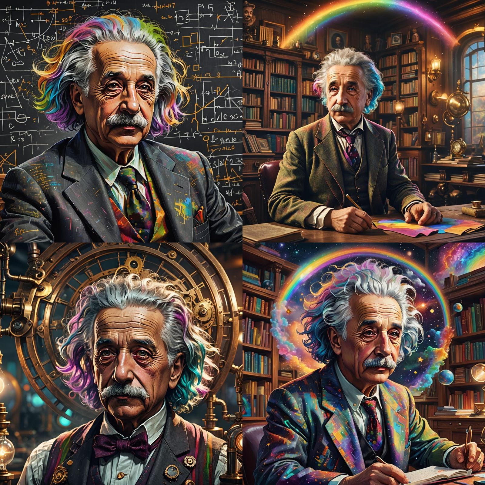 Einstein Portrait with Rainbow Hair, Detailed Art