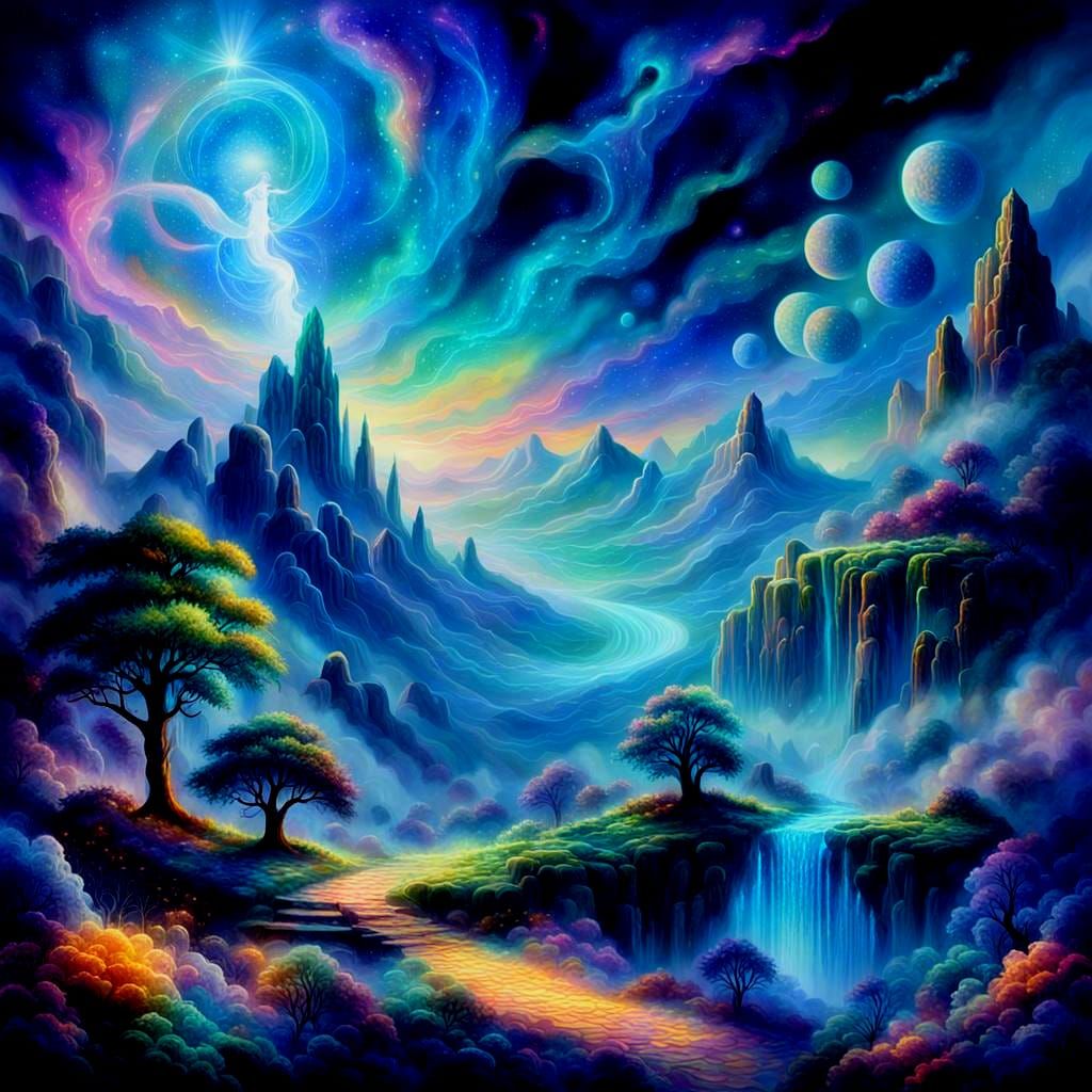 Ethereal Fantasy Landscape in Mixed Media Style