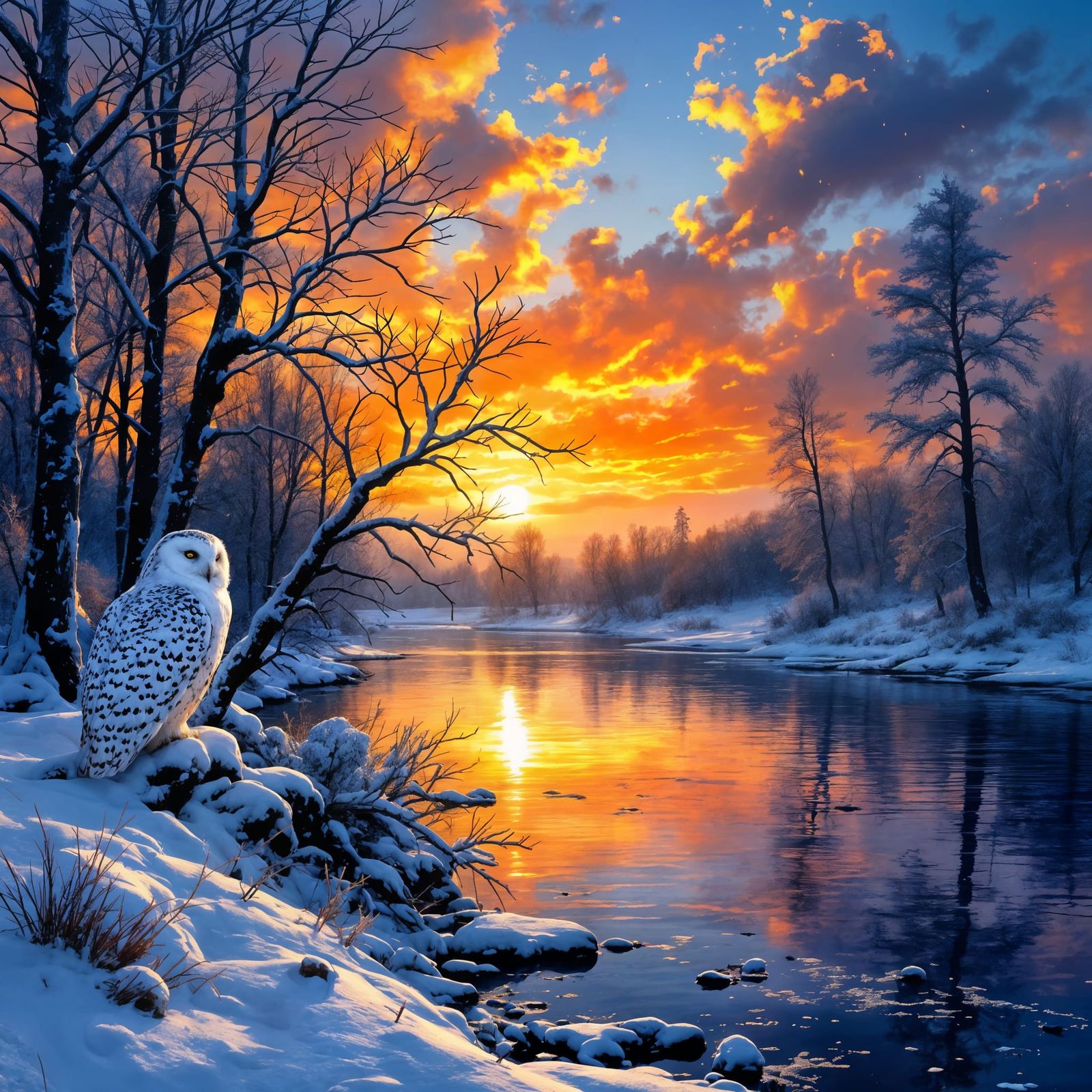 Winter Landscape with Majestic Snowy Owl