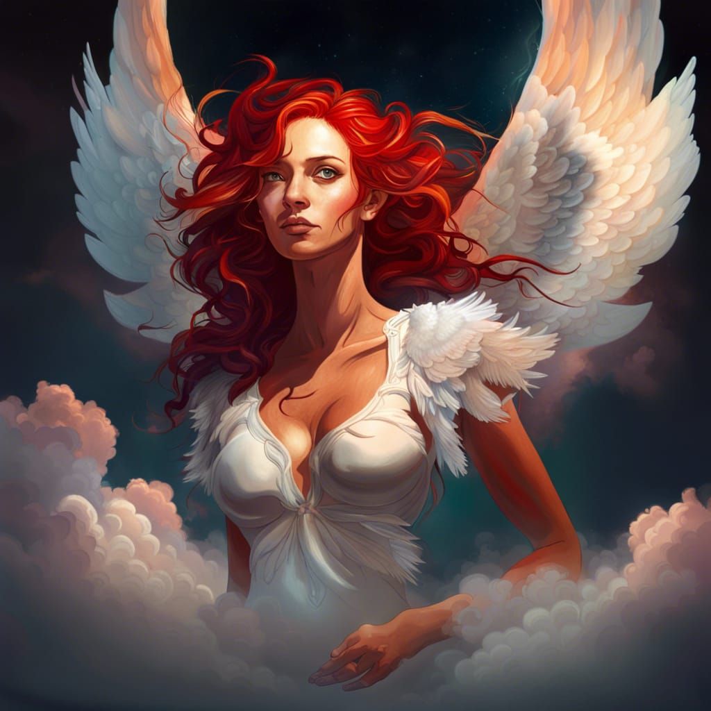 Red-Haired Angel Walking on Clouds: Hyperrealistic Art