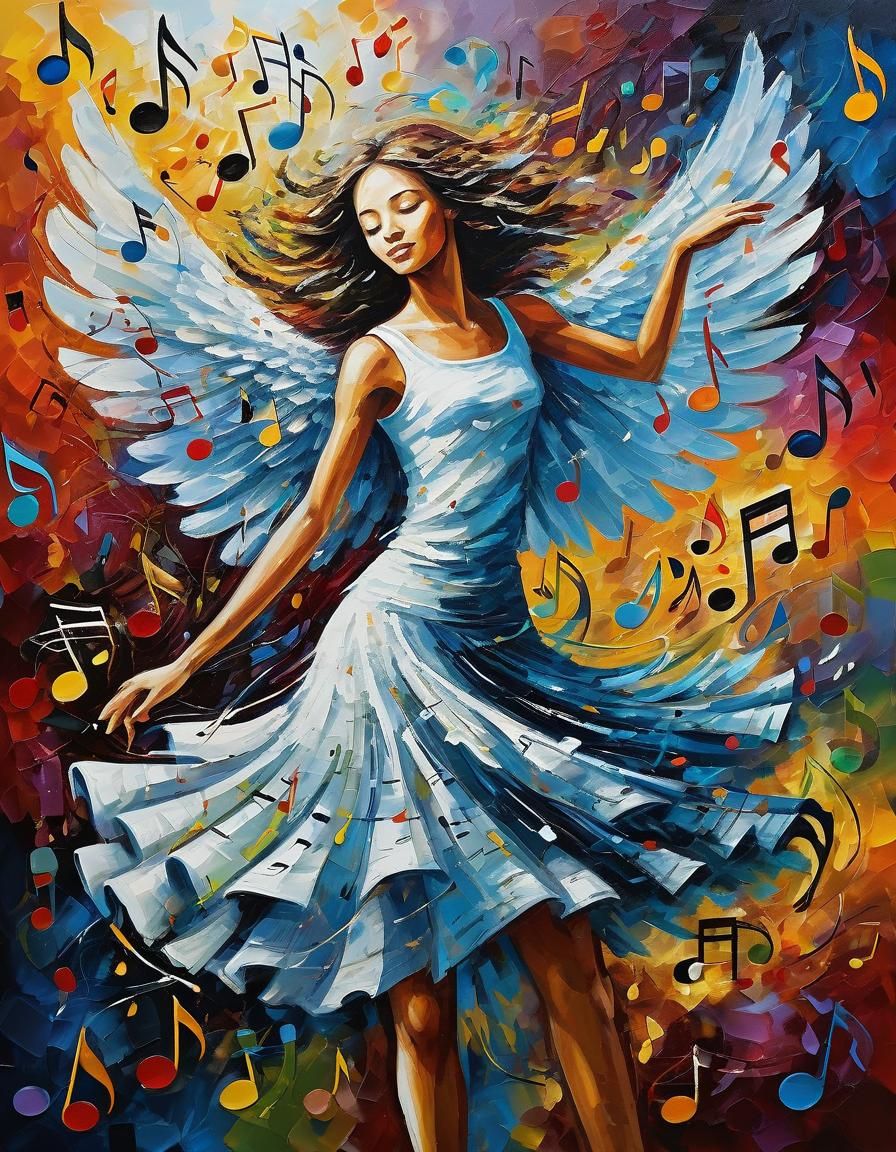 Dancing Angel of Music Notes in Oil Painting