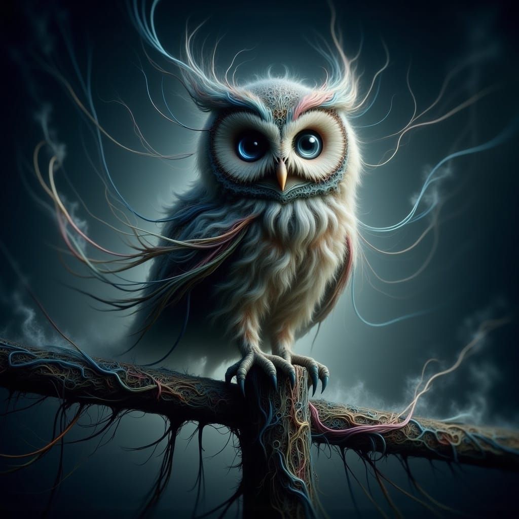Cute Fluffy Owl Under Starry Night
