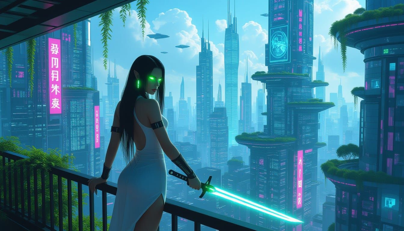 Cyberpunk Solarpunk Cityscape with Vampire Warrior