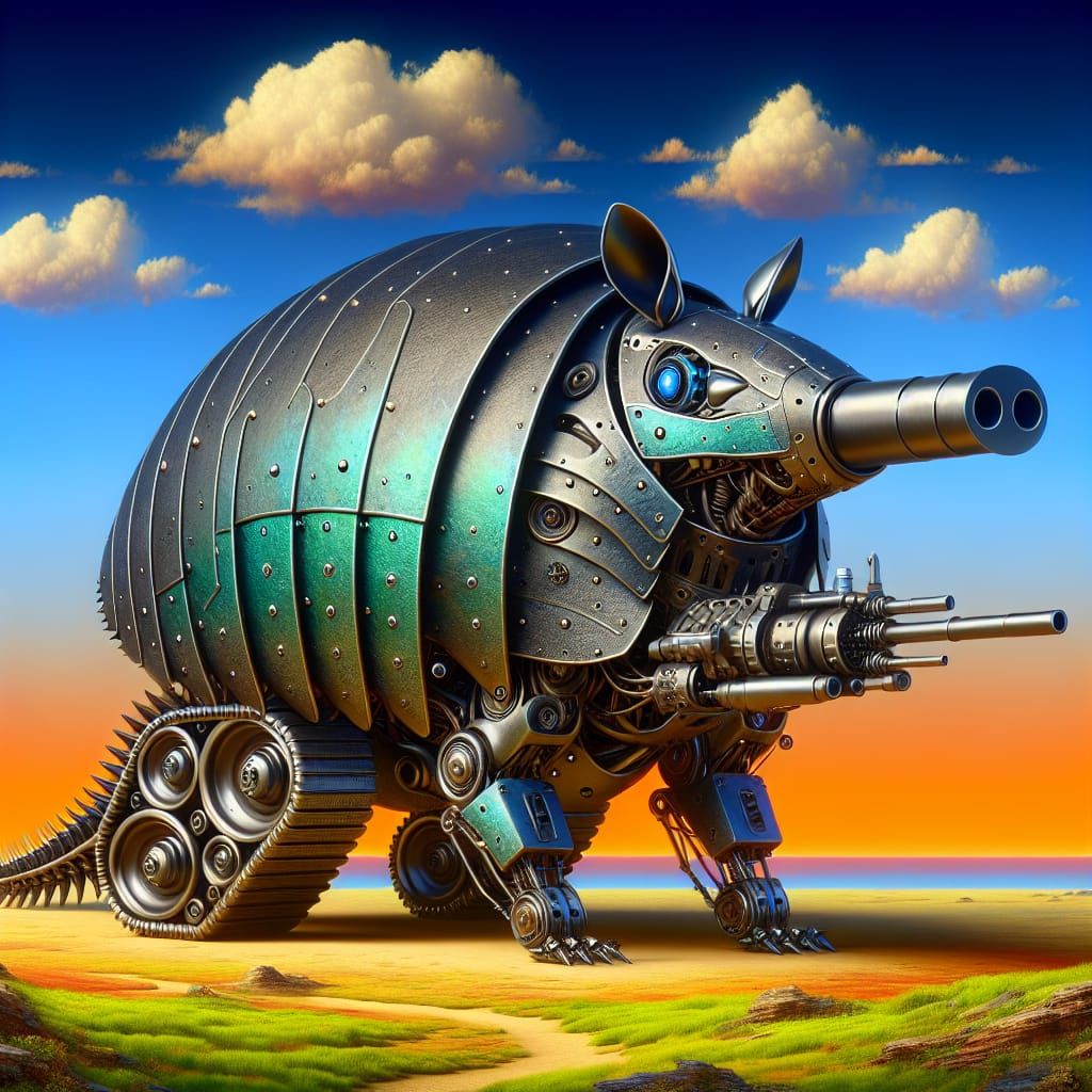 Mechanical Armadillo in Surreal Digital Landscape