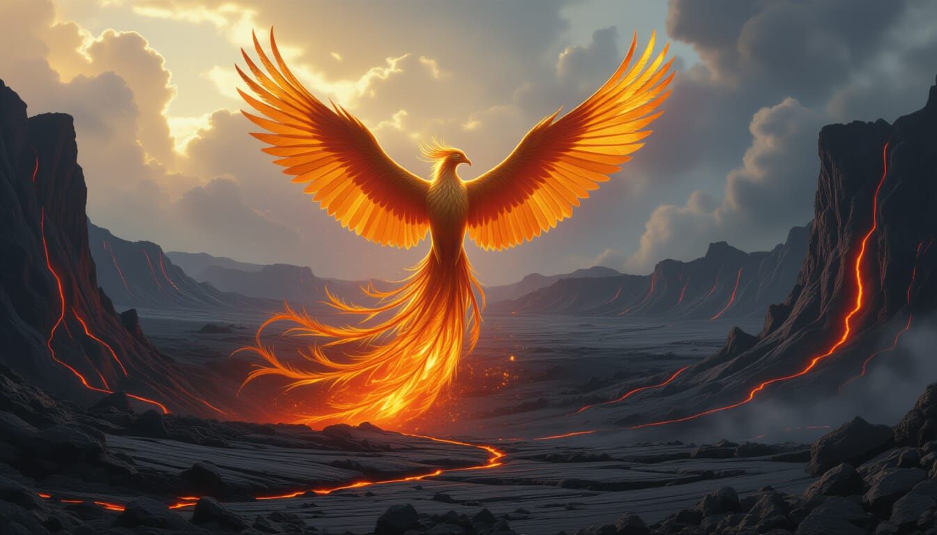 Ethereal Phoenix Rises from Fiery Volcano