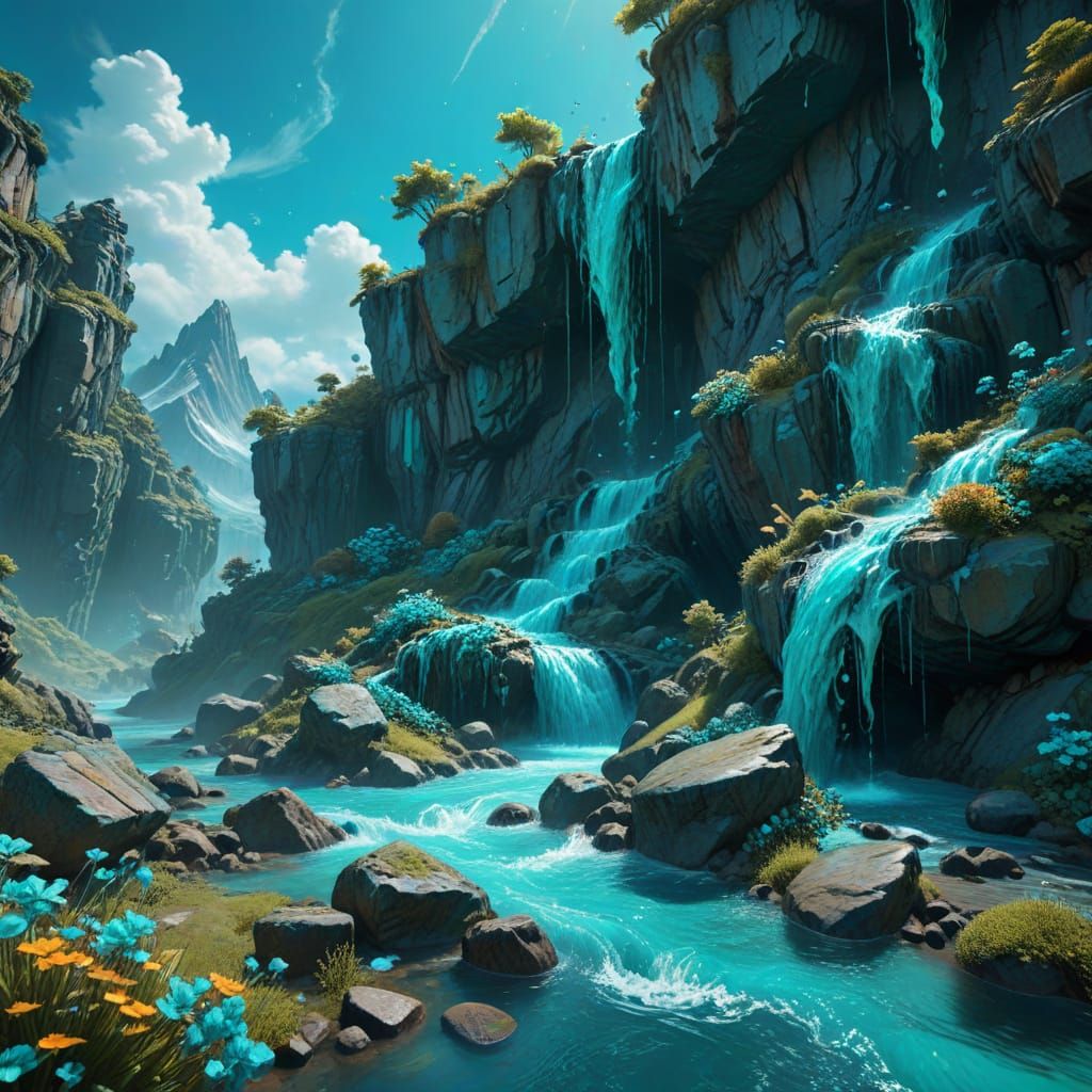 Turquoise Cascade Hallucination: Impasto Painting