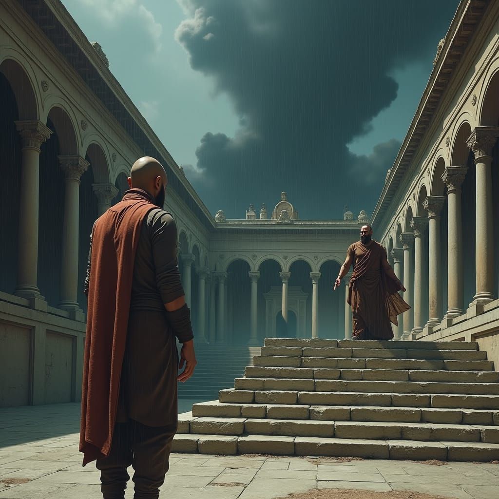 Resilient Figure Stands Tall Amidst Ancient Court Ruins in a...