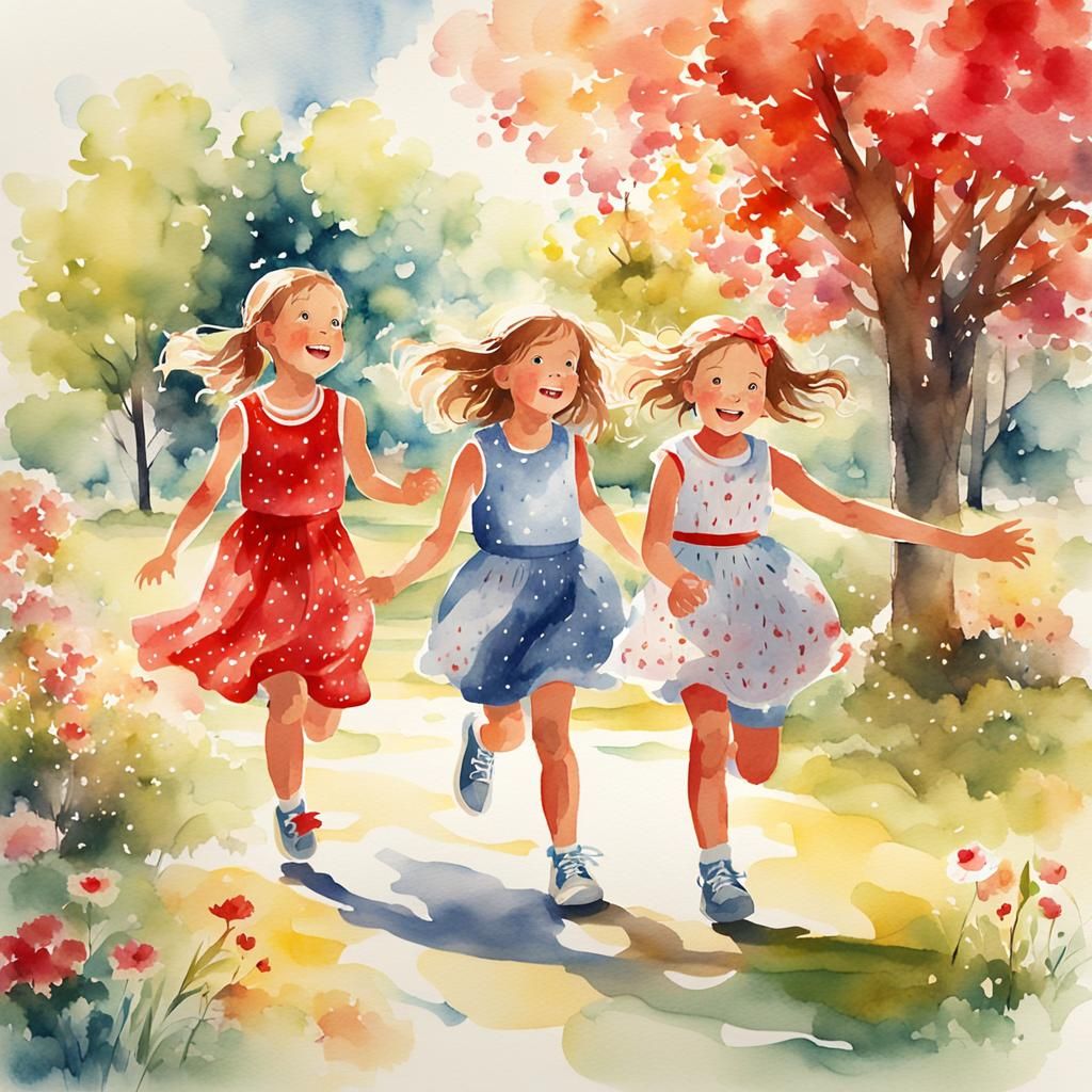 Happy Girls Playing Tag in Sunny Park