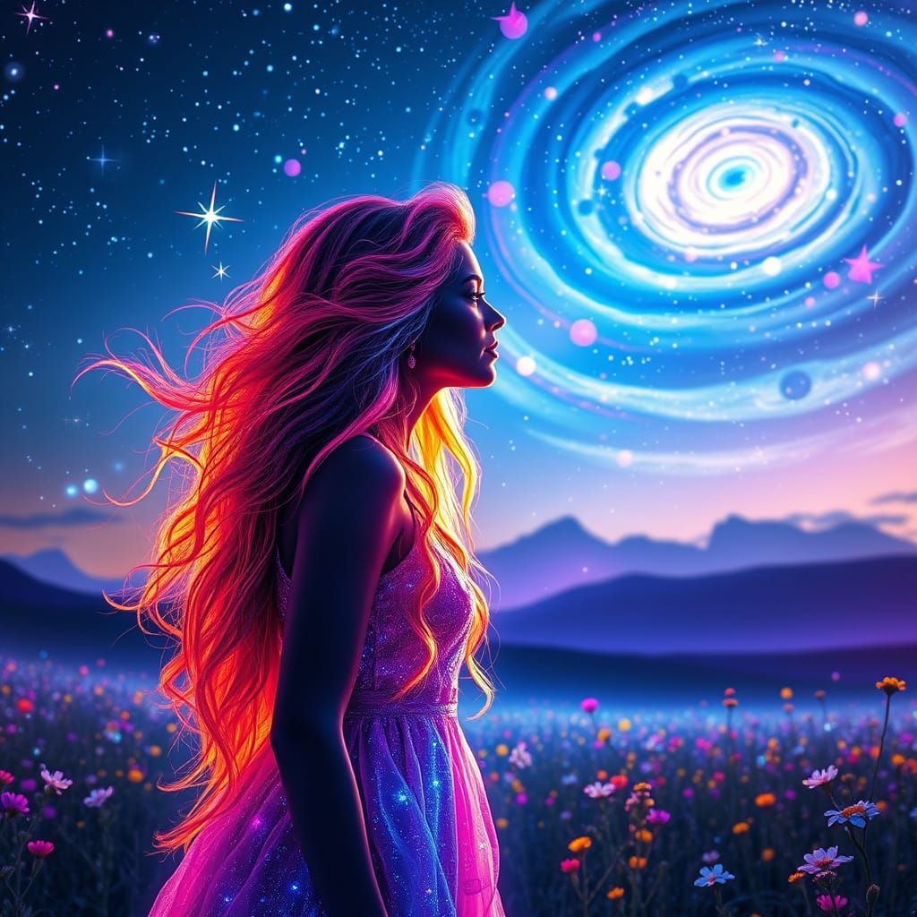 Celestial Meadow: A Woman Under a Twilight Galaxy