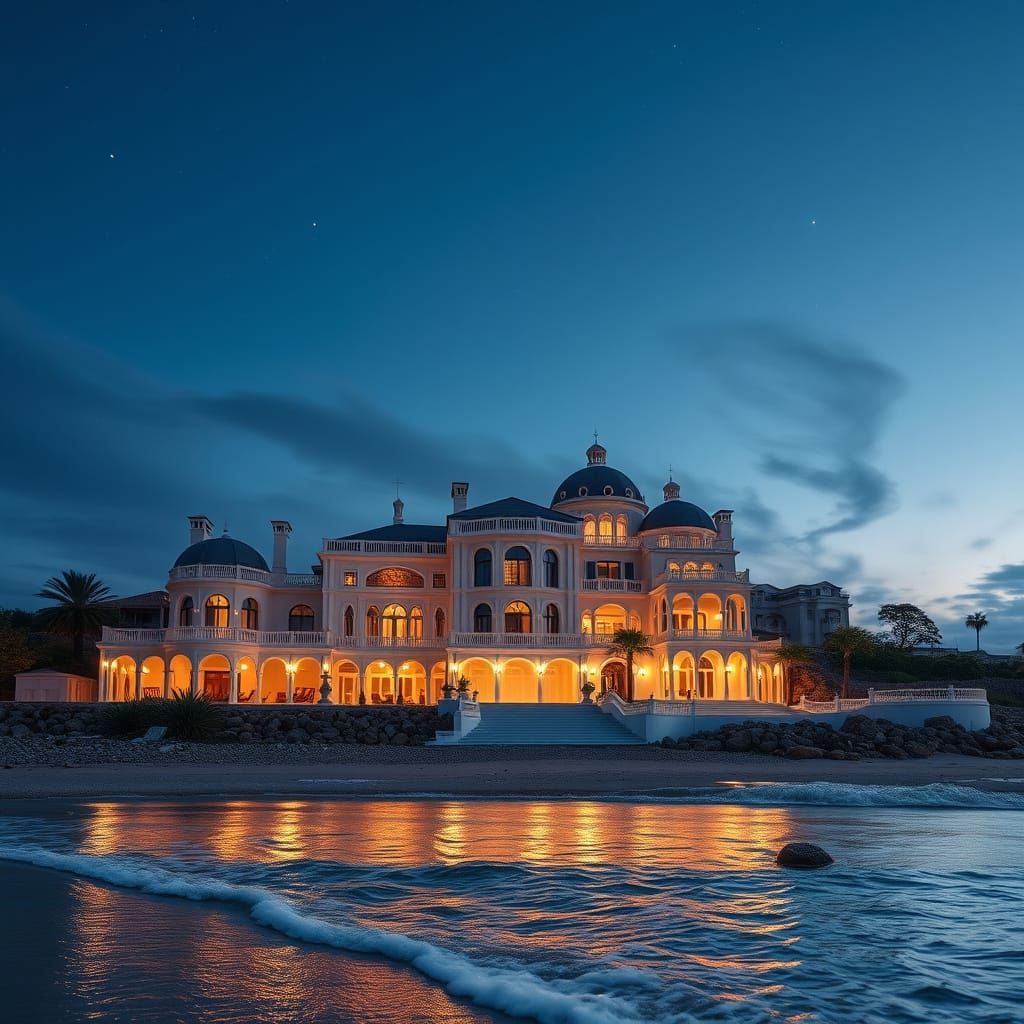 Majestic White Beach Villa at Dusk