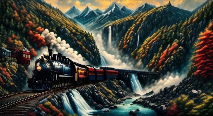 Steampunk Train Ascending Mountain Waterfall