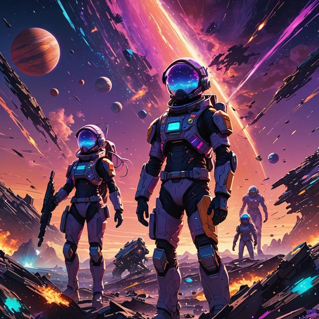 Space Explorers on Alien Planet in Anime Style