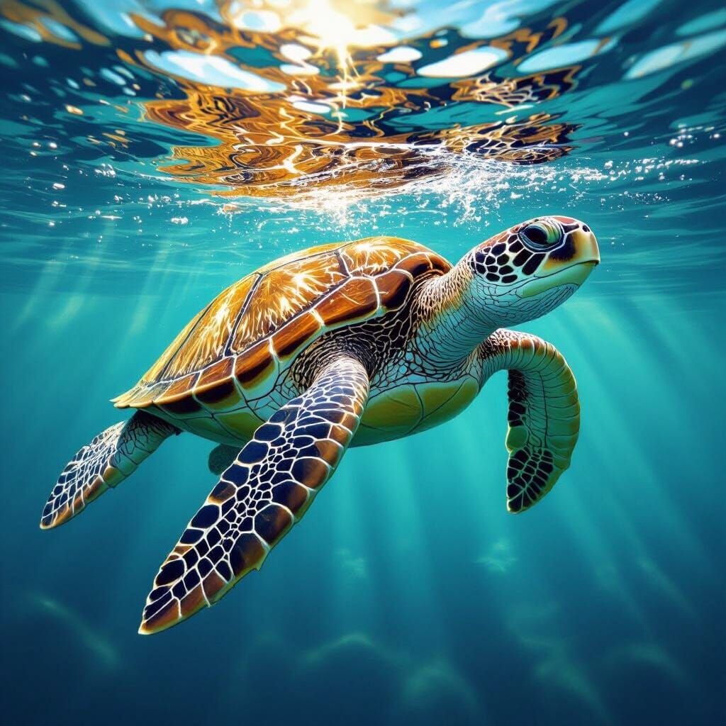 Realistic Oil Painting of a Majestic Sea Turtle Swimming Und...