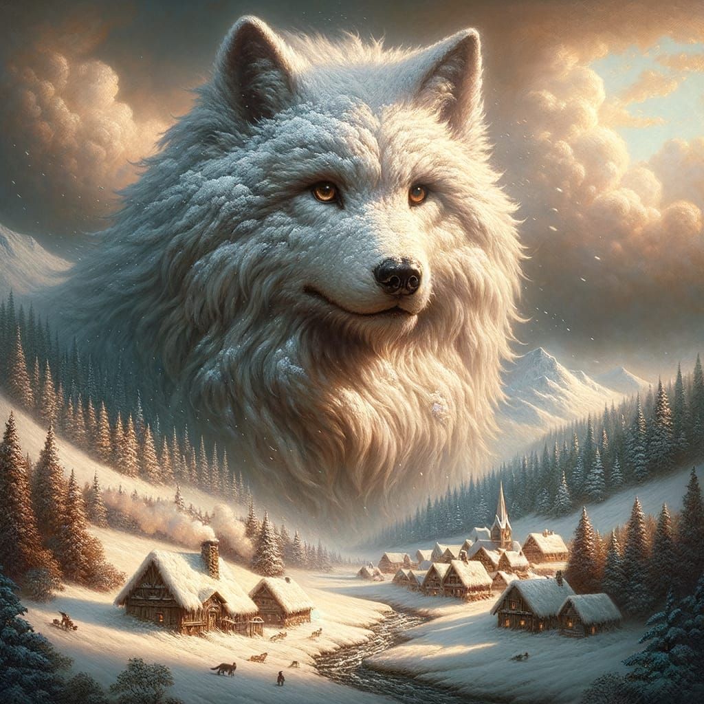 A massive, fluffy dire wolf with kind eyes and a gentle deme...