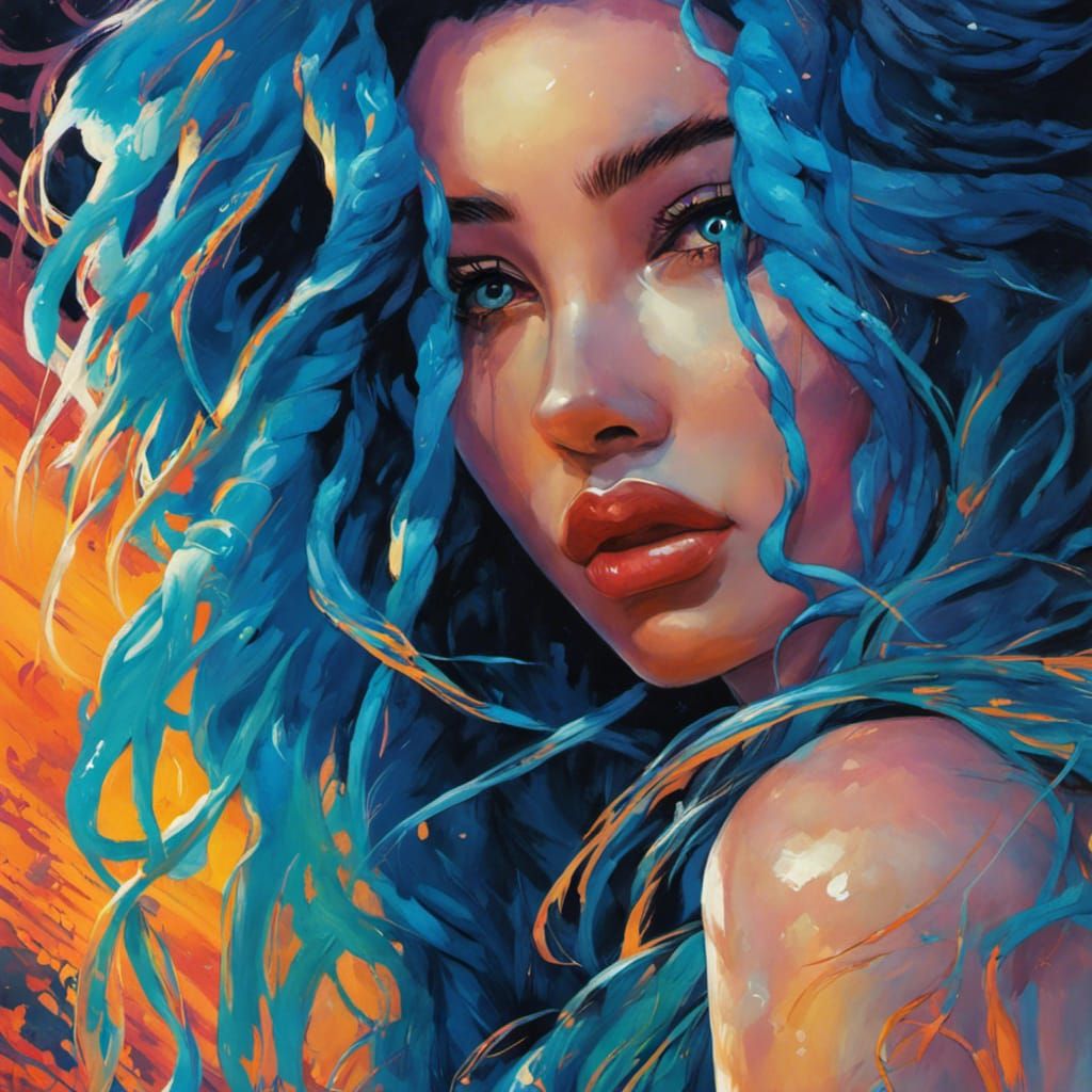 Cyberpunk Mermaid with Blue Braids in Neon Graffiti Style