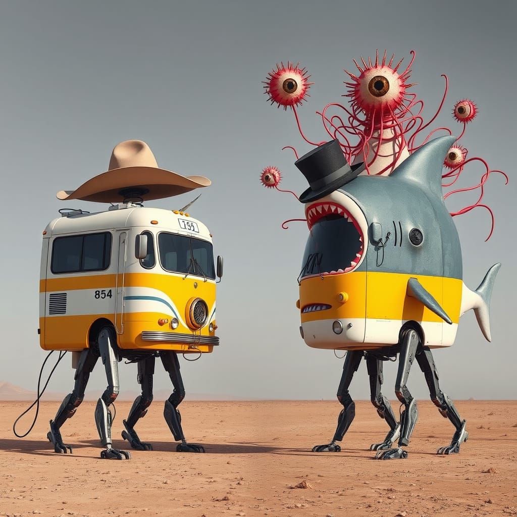 Futuristic Buses Confront Each Other in a Deserted Cyberpunk...