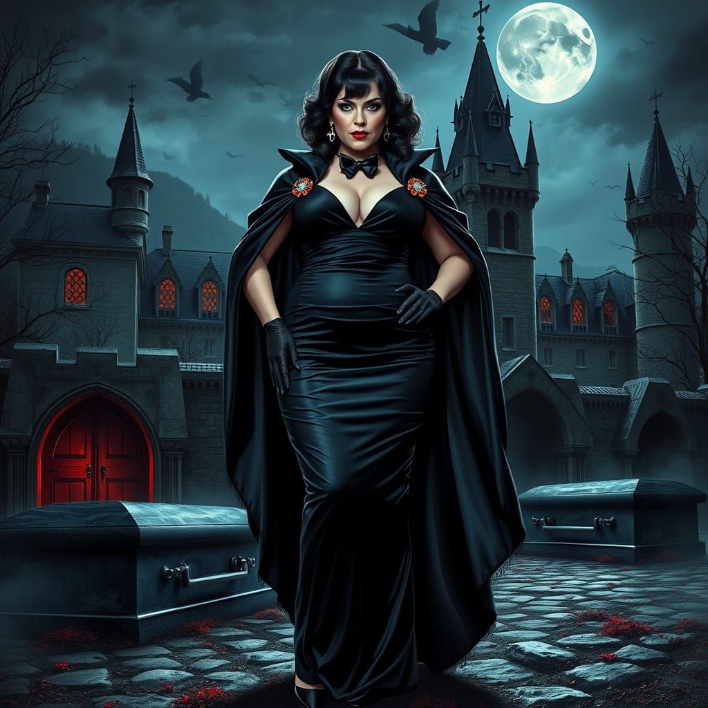 Gothic Vampire Countess in Black Tie Attire, Transylvanian C...
