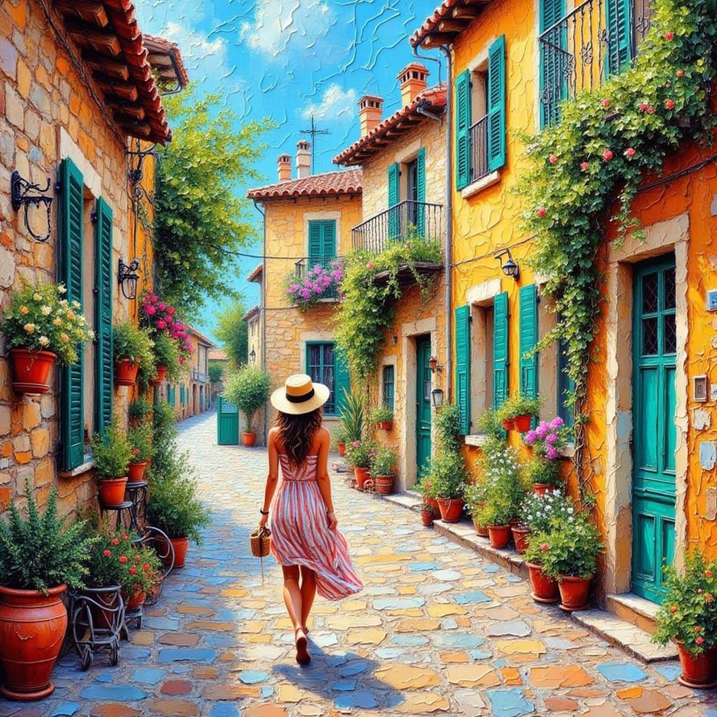 Encaustic Impasto Mediterranean Village Street Scene