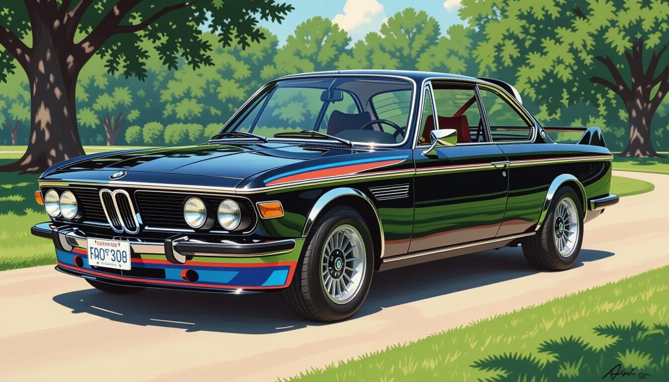 Hyperrealistic Painting of a Black 1972 BMW 3.0 CSL