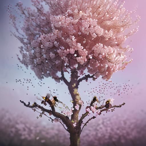 Bees Foraging on Apple Tree in Bloom