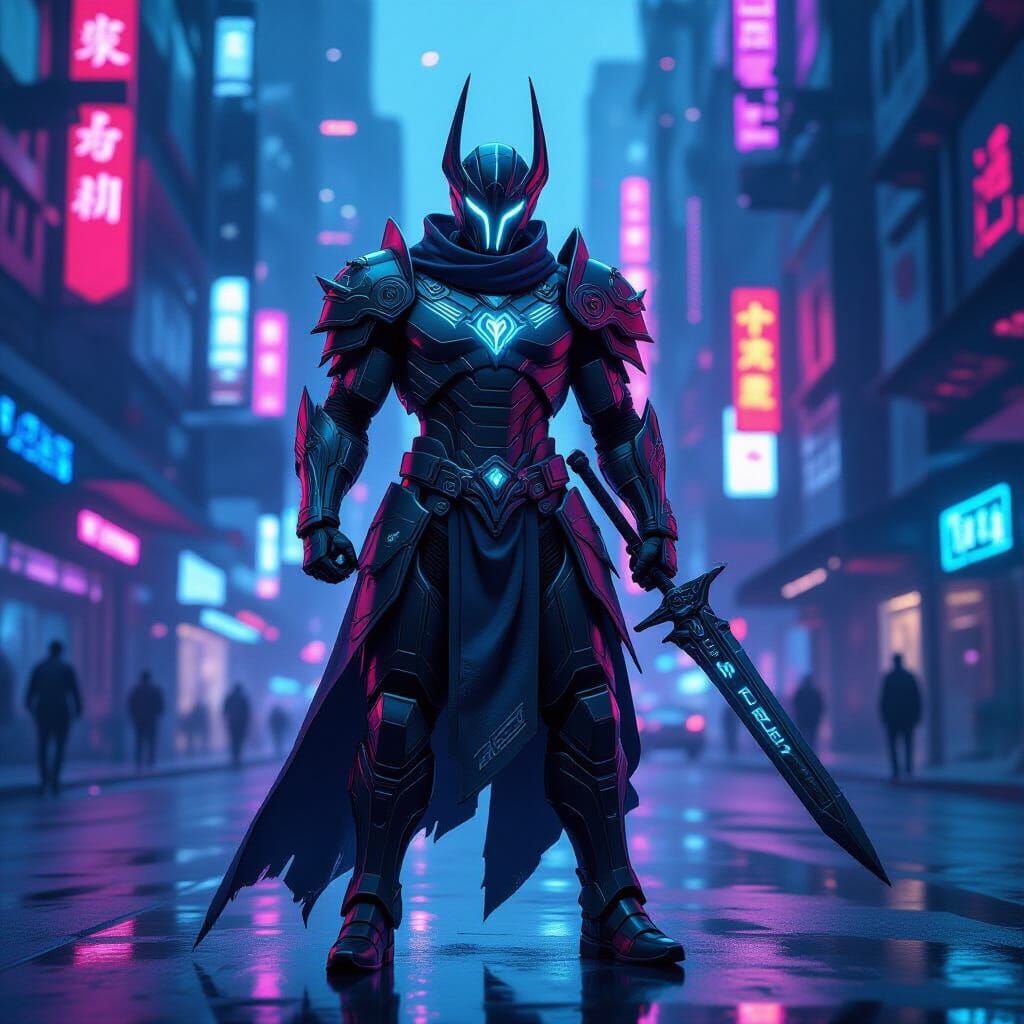 Cybernetic Warrior in Mythical Armor in Neon City