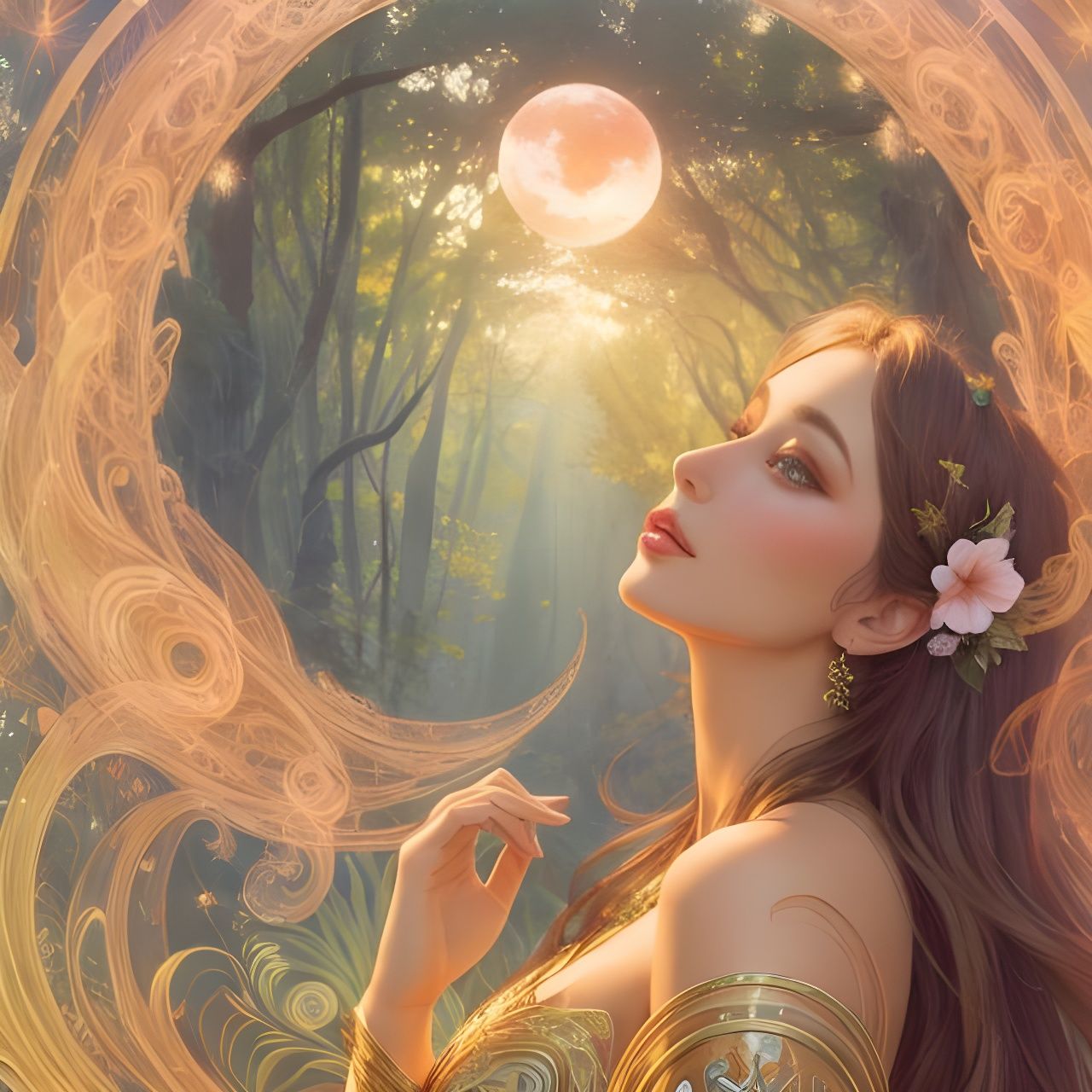 Psychedelic Sensuality in Forest Sunrise, Art Nouveau Style