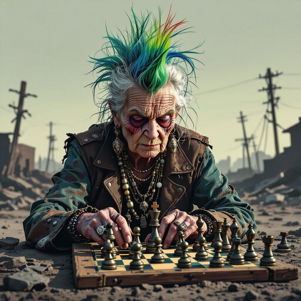 Wasteland Chess Game with Mohawk Lady in Jamie Hewlett Style