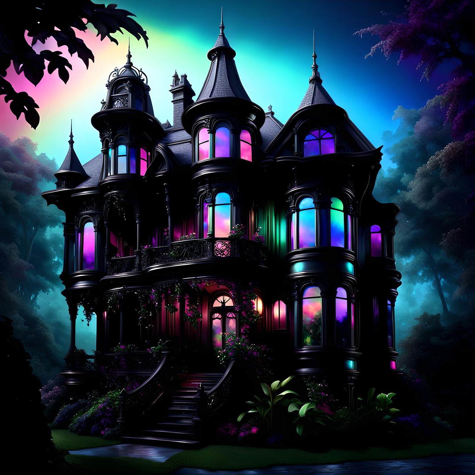 Victorian mansion with iridescent windows