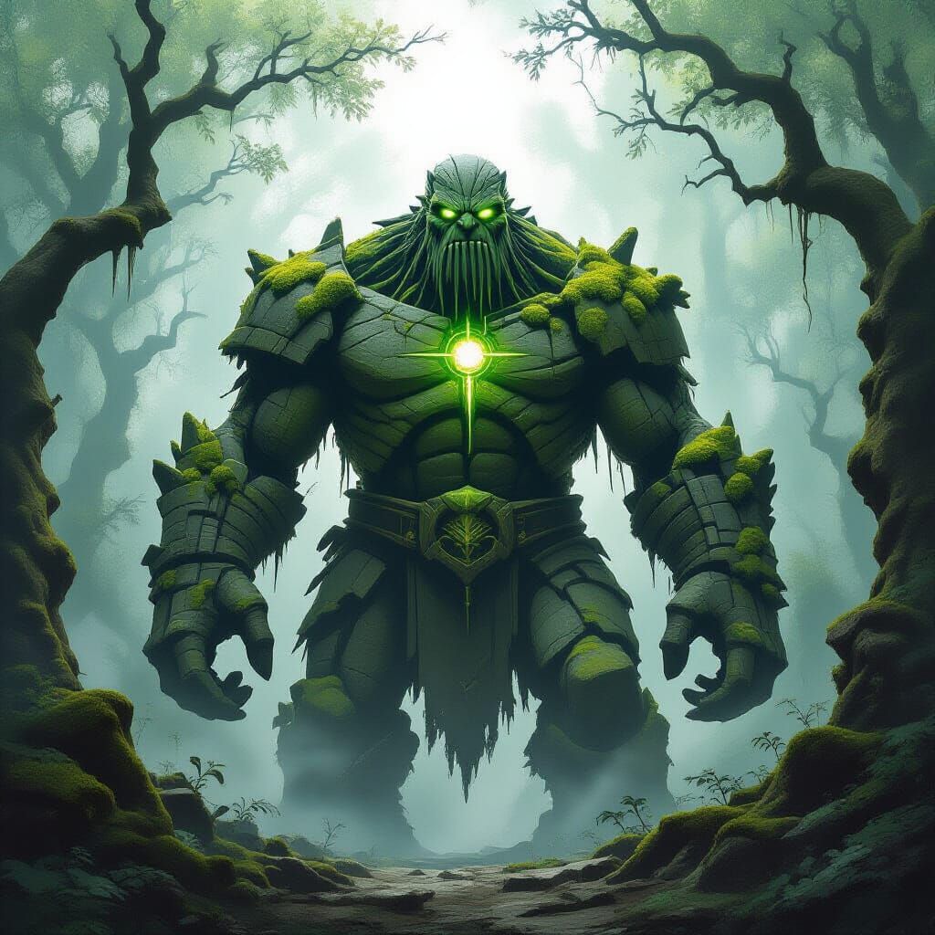 Ancient Stone Golem in Misty Forest